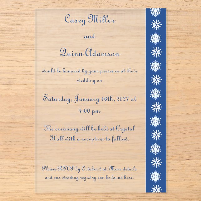 Winter Snowflakes in Blue Acrylic Wedding  Invitations (Front)