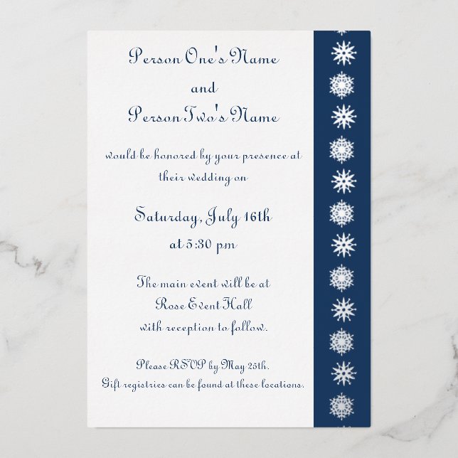 Winter Snowflakes in Navy Foil Invitation (Front)