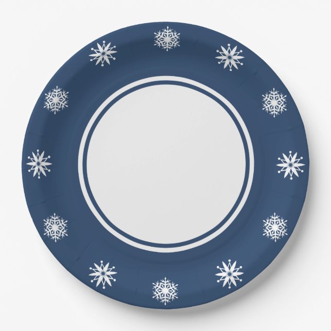 Winter Snowflakes in Navy Paper Plate (Front)