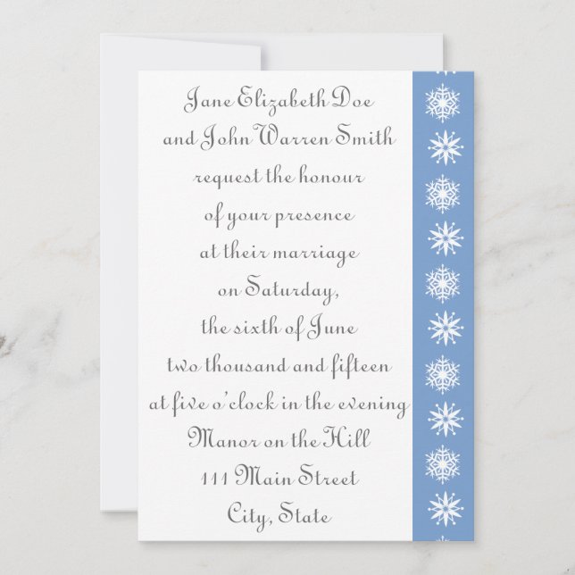 Winter Snowflakes in Periwinkle Wedding Invitation (Front)