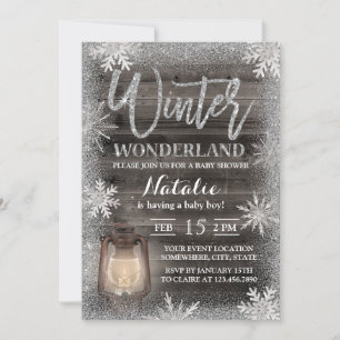 Winter Snowflakes & Lantern Barn Wood Baby Shower Invitation