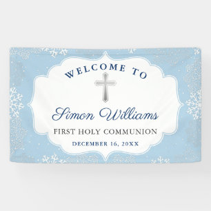 Winter Snowflakes Light Blue First Holy Communion Banner