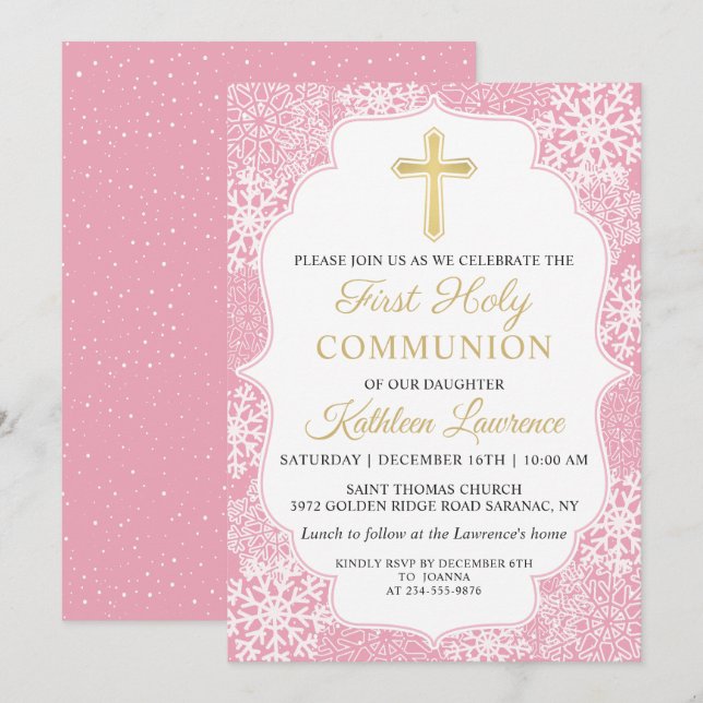 Winter Snowflakes Light Pink First Holy Communion Invitation (Front/Back)