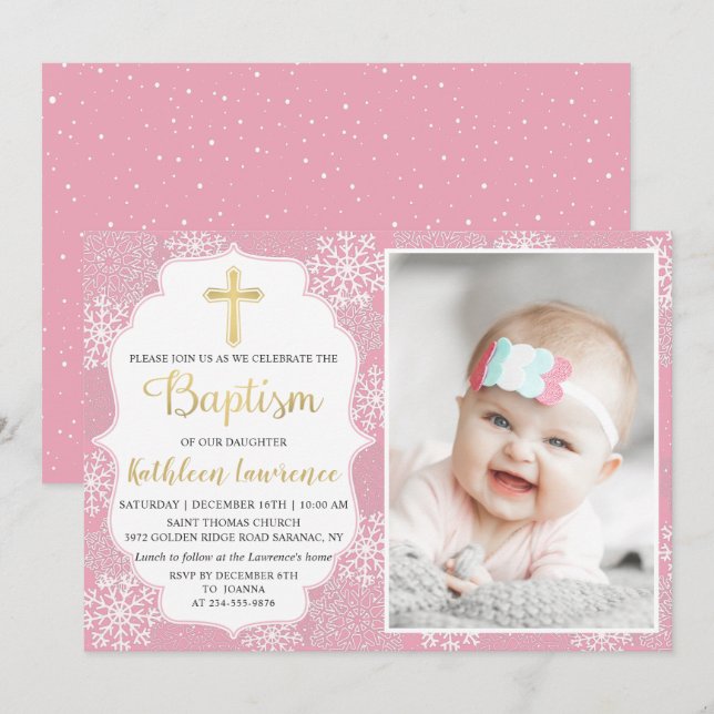 Winter Snowflakes Light Pink Gold Baptism Photo Invitation (Front/Back)