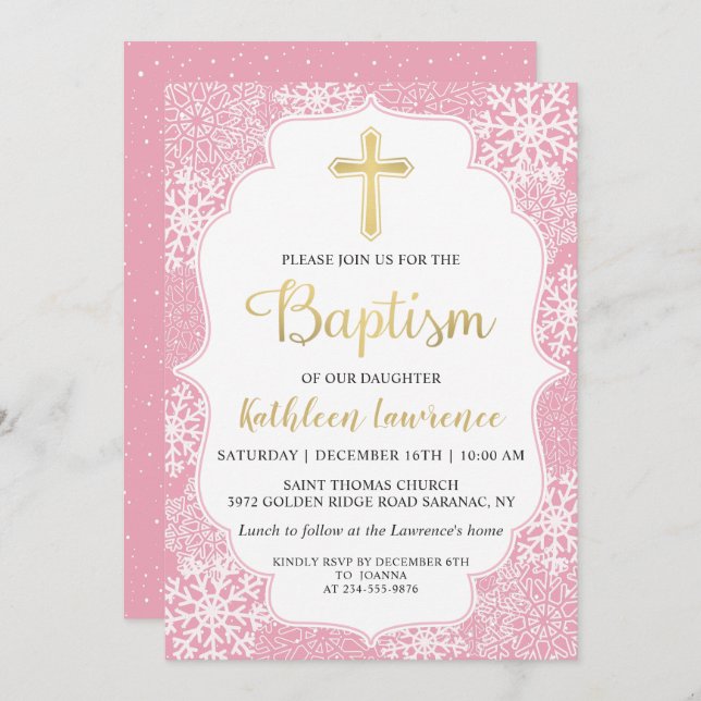 Winter Snowflakes Light Pink Gold Girl Baptism Invitation (Front/Back)