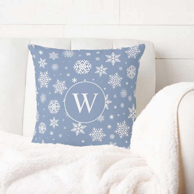 Winter Snowflakes on Light Blue Monogram  Cushion (Creator Uploaded)