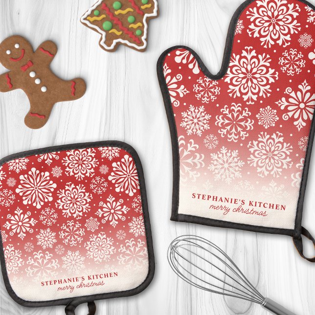 Winter Snowflakes on Red Cute Ombre Christmas Oven Mitt & Pot Holder Set (Creator Uploaded)