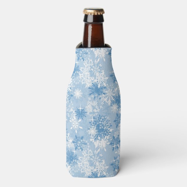 Winter snowflakes pattern on blue bottle cooler (Bottle Front)
