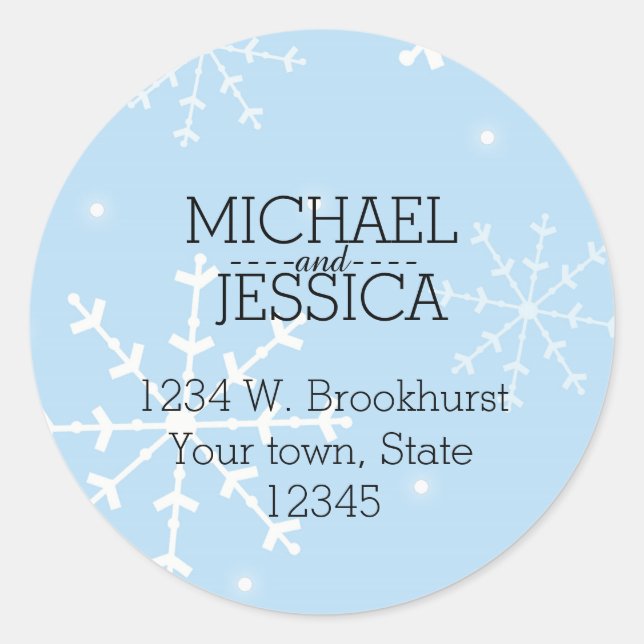 Winter Snowflakes Personalised name and address Classic Round Sticker (Front)