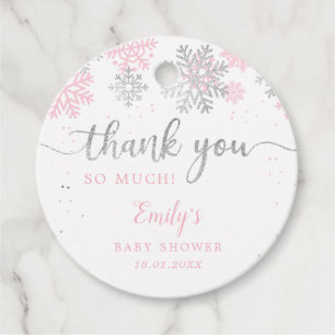 Winter Snowflakes Pink And Silver Girl Baby Shower Favour Tags