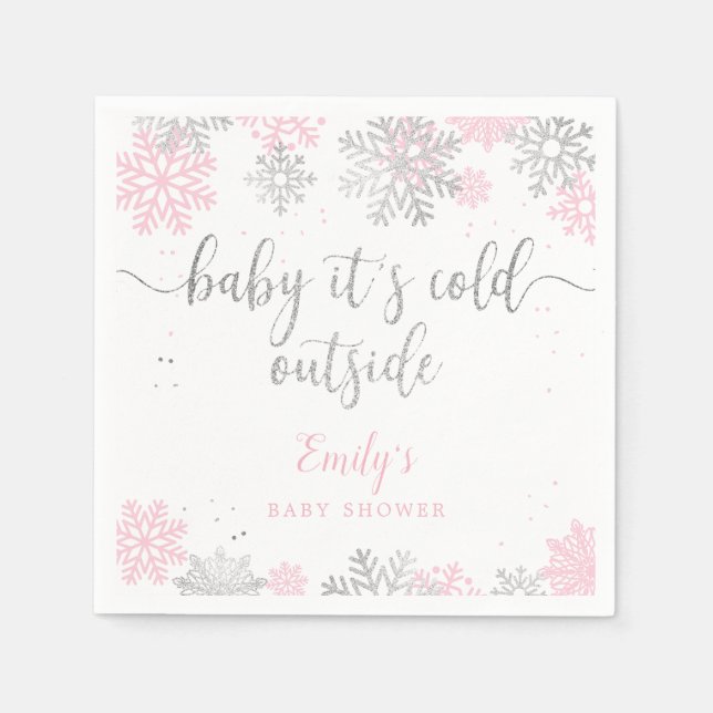 Winter Snowflakes Pink And Silver Girl Baby Shower Napkin (Front)