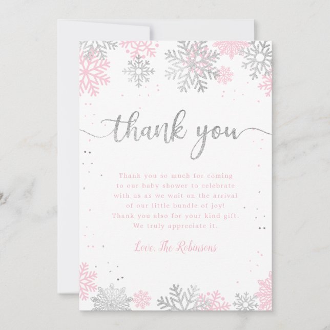 Winter Snowflakes Pink And Silver Girl Baby Shower Thank You Card (Front)