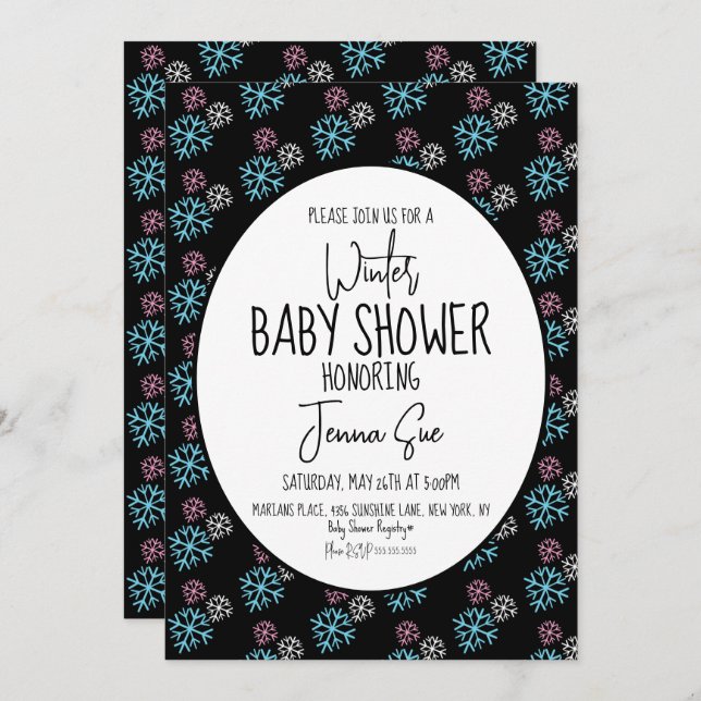 Winter Snowflakes Pink Blue Baby Shower Black Invitation (Front/Back)