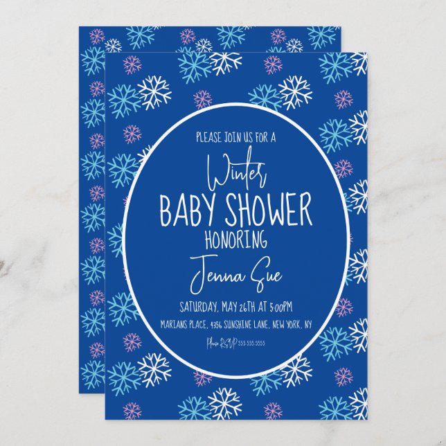 Winter Snowflakes Pink Blue Baby Shower Invitation (Front/Back)