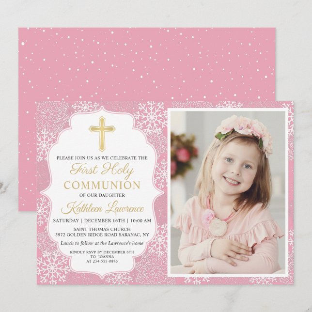 Winter Snowflakes Pink Girl First Communion Photo Invitation (Front/Back)