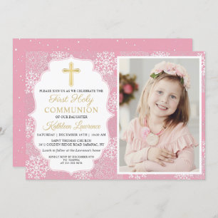 Winter Snowflakes Pink Girl First Communion Photo Invitation