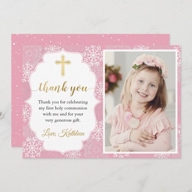 Winter Snowflakes Pink Girl First Communion Photo Thank You Card (Front/Back)