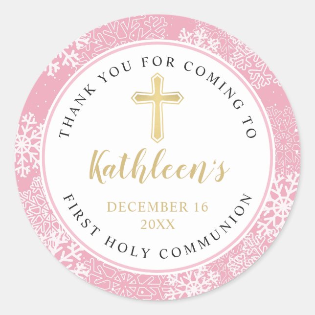Winter Snowflakes Pink Gold First Holy Communion Classic Round Sticker (Front)