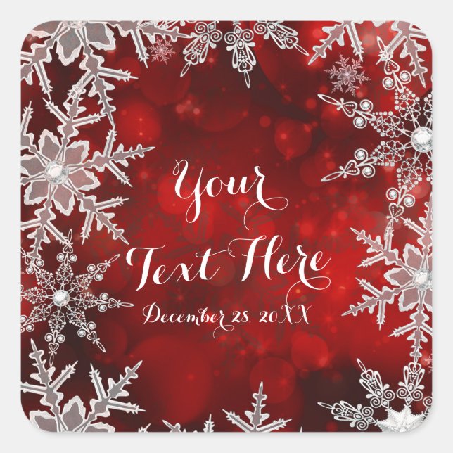 Winter Snowflakes Red Holiday Party Favour Square Sticker (Front)
