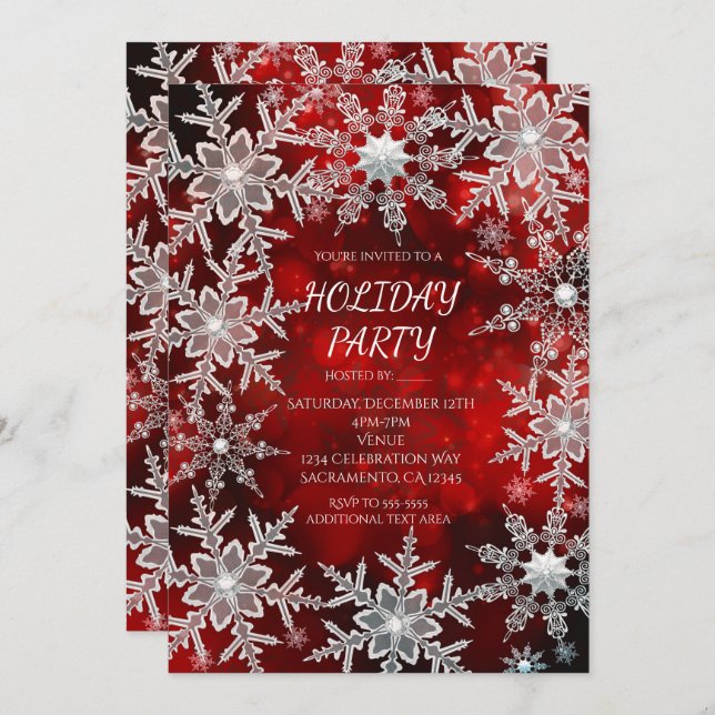 Winter Snowflakes Red Holiday Party Invitations (Front/Back)