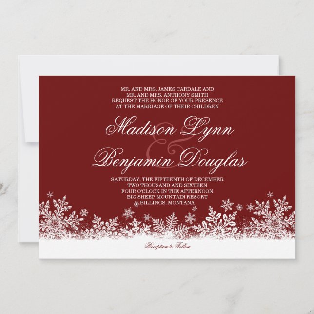 Winter Snowflakes Red Holiday Wedding Invitations (Front)