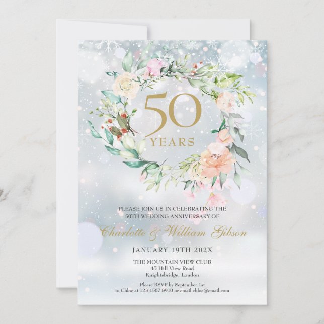Winter Snowflakes Roses Garland 50th Anniversary   Invitation (Front)