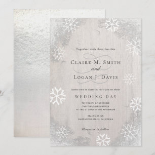 Winter Snowflakes Rustic Light Grey Wood Wedding Invitation