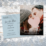 Winter Snowflakes Script Photo Save the Date Announcement Postcard<br><div class="desc">This modern script photo save the date card features snowflakes falling across your special photo overlayed with an elegant script save the date above your names, date and venue in white text. The reverse has additional save the date details, including your wedding website, with your return address and space for...</div>