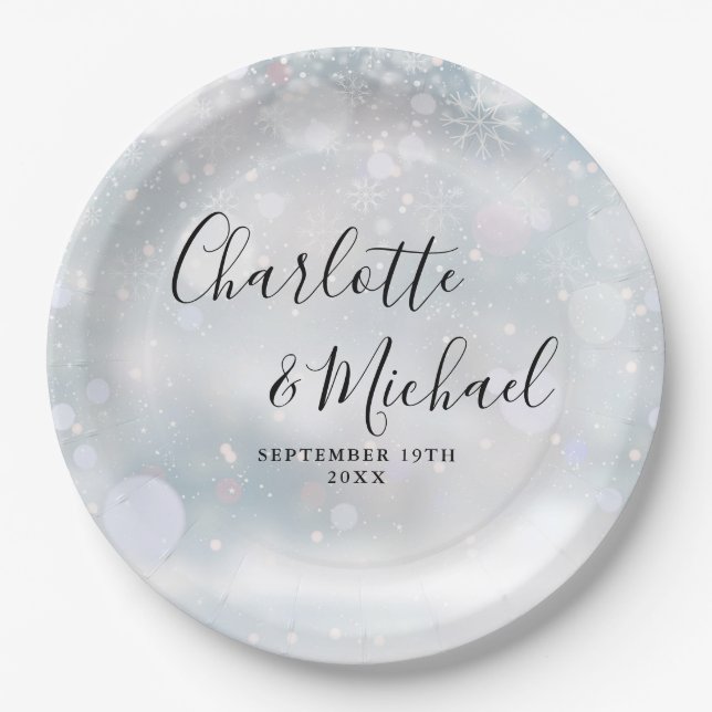 Winter Snowflakes Signature Script Wedding Paper Plate (Front)