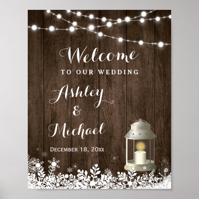 Winter Snowflakes String Lights Wedding Sign (Front)