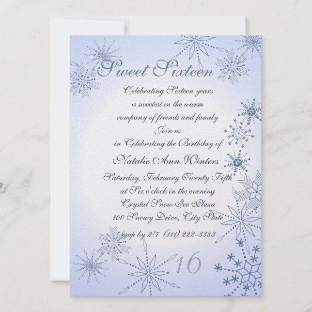 Winter Snowflakes Sweet Sixteen Invitation (Front)