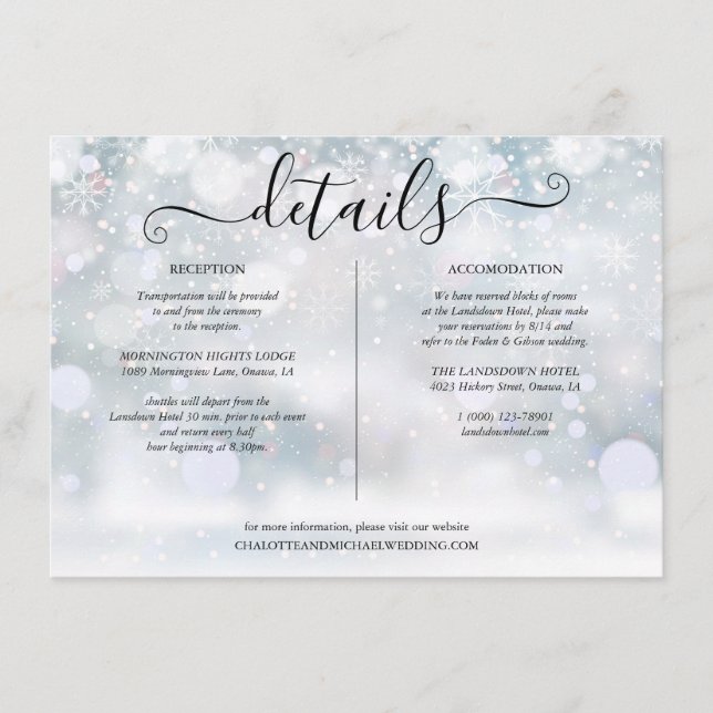 Winter Snowflakes Wedding Details Information Enclosure Card (Front)