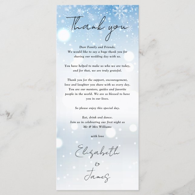 Winter Snowflakes Wedding Thank You Place Card (Front)