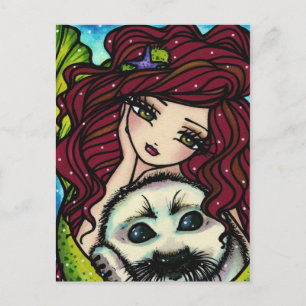 Winter Snowflakes White Seal Mermaid Art Fantasy Postcard