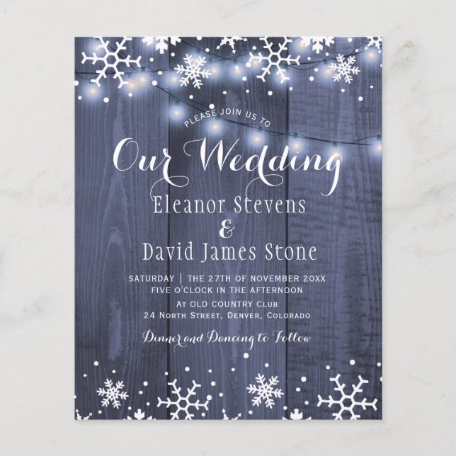 Winter snowflakes winter budget wedding invitation (Front)