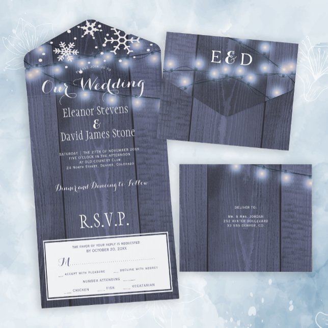 Winter snowflakes wood lights rustic wedding RSVP All In One Invitation (Creator Uploaded)