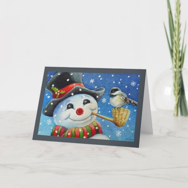 Winter Snowman and Chickadee Bird Watercolor Art Card (Front)