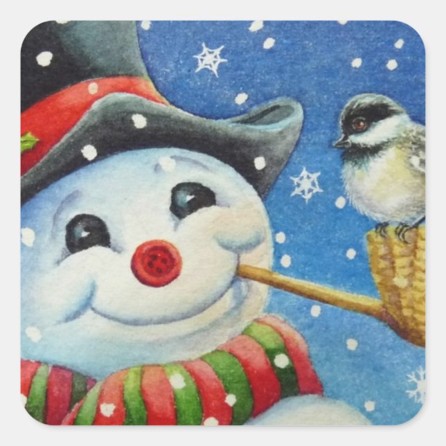 Winter Snowman and Chickadee Bird Watercolor Art Square Sticker (Front)