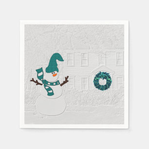Winter Snowman and House Wreath in Teal Holiday Napkin