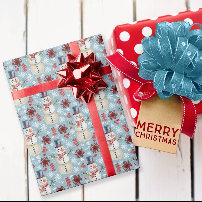 Winter Snowman Berries Snowflakes Blue Wrapping Paper (Creator Uploaded)