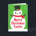 Winter Snowman Bright Green Merry Christmas Holida Holiday Card<br><div class="desc">Adorable Winter Christmas snowman in a top hat with holly and a red scarf. The background consists of falling snowflakes on bright green.
Graphics by PrettyGrafik</div>