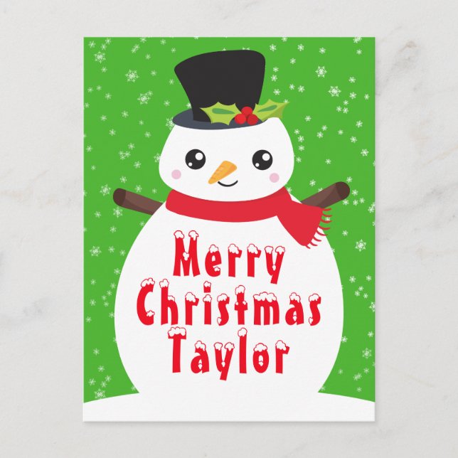 Winter Snowman Bright Green Merry Christmas Holida Holiday Postcard (Front)