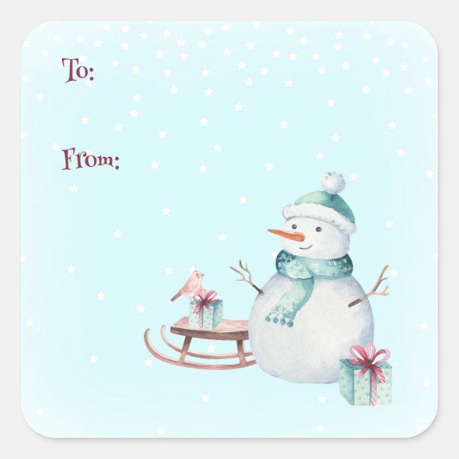 Winter Snowman Christmas To From Customizable  Square Sticker (Front)