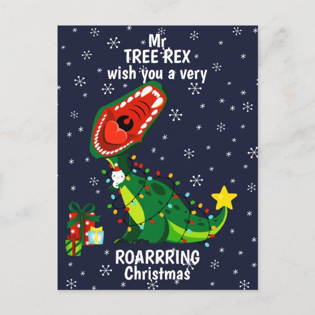 Winter Snowman Christmas Tree T-Rex Dinosaur  Holiday Postcard (Front)