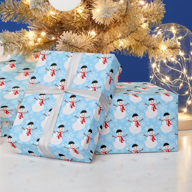 Winter Snowman Cute Blue Holiday Wrapping Paper (Holidays)