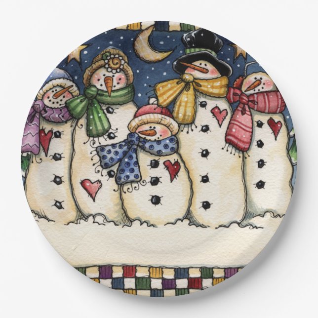 Winter Snowman Family Christmas Paper Plates (Front)
