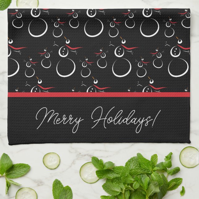 Winter Snowman Family Pattern Merry Holidays Black Tea Towel (Folded)