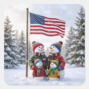 Winter Snowman Family Under an American Flag Square Sticker