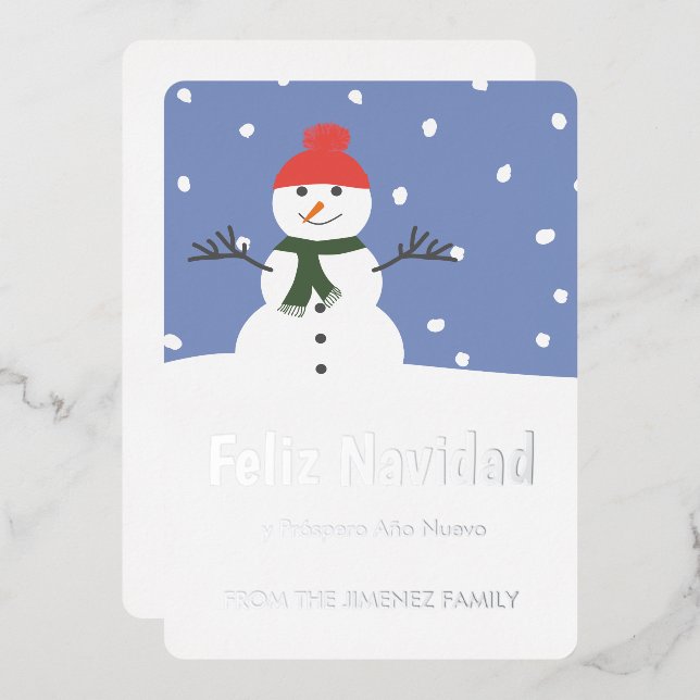 Winter Snowman Feliz Navidad  y Prospero Año Nuevo Foil Holiday Card (Front/Back)