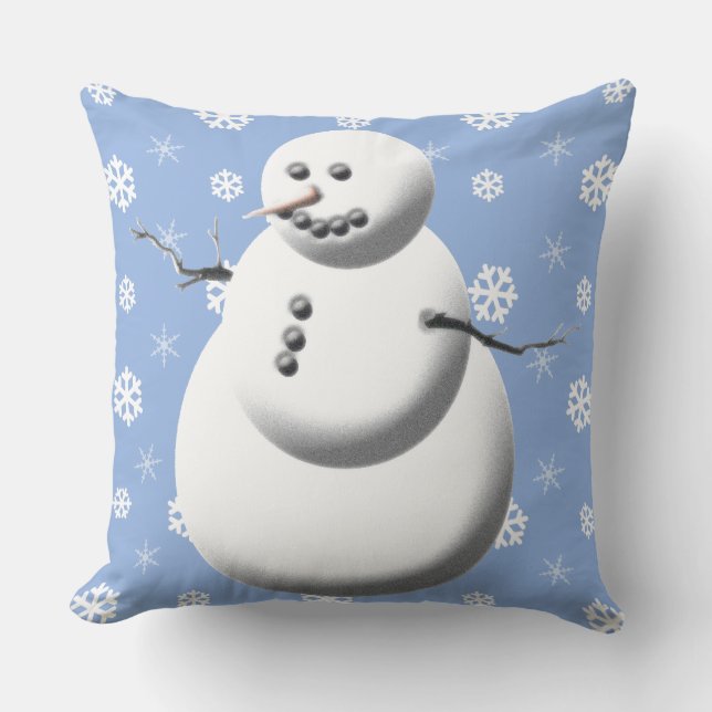 Winter Snowman Light Blue And White Holiday Cushion (Front)